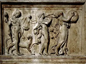 Flute: Dionysiac procession. Relief. Maenad, satyrs and panther dan