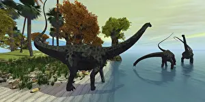 Seashore: Three Diplodocus dinosaurs visit an island in the ?