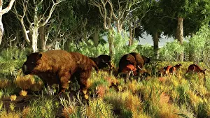 Marsupial: Diprotodon on the edge of a Eucalyptus forest with some ?