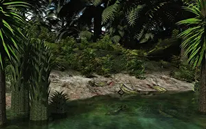 Archaeopteris: Dipterus fish emerge from a Devonian freshwater lake