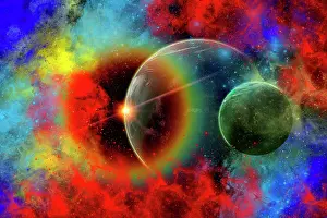 Remnants: A distant alien world and it's moon surrounded by nebulous ?