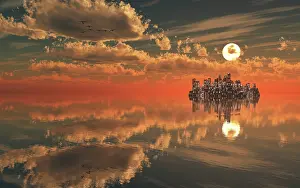 Rippled: A distant futuristic city and a dramatic sky reflected