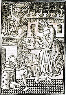 Distillation: Distillation of medicines. Female in centre is
