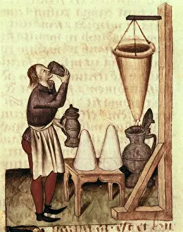 Modena: Distilling alcohol. Illustration from Tractatus