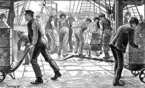 Unloading: Dockers unloading tea in London Docks, 1889