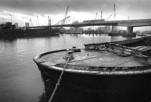 Docklands: Docklands development, London, England - barge and Dockland