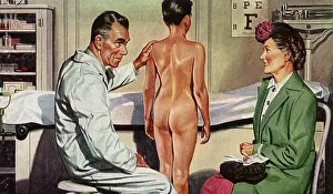Doctor examines boy with her mother watching