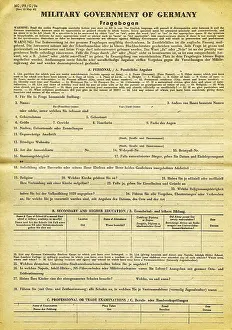 Denazification: documents, questionaire of the Allied Military
