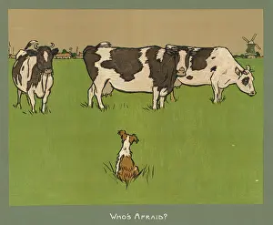 Chewing: Dog and Three Cows in Field