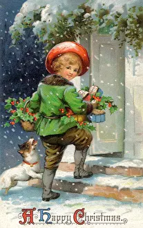 Playfully: Dog Greets Boy on Christmas