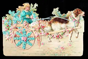 Forgetmenot: Dog pulling a cart on a German greetings card