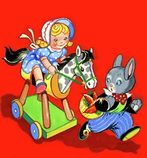 Rabbits: Doll riding a toy horse, chasing Mr Rabbit