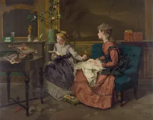 Needlepoint: Domestic scene with two girls, one reading ?