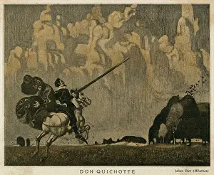 Cervantes: Don Quixote on horseback with his lance