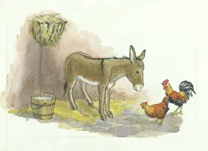 Strangers: donkey with cock and hen in the stable