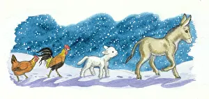 Storycard: donkey, lamb, cock and hen in the snow