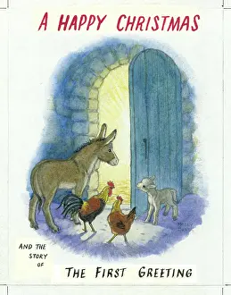 Storycard: donkey, lamb and hens at stable door