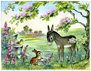 Bluetit: Donkey, rabbit and blue tit under a may tree