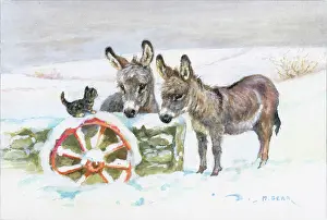 Cartwheel: Two donkeys looking at kitten on old cartwheel