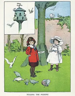 Dovecote: Out of Doors -- two children feeding pigeons
