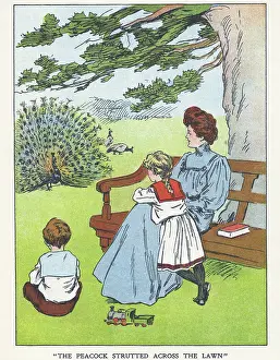 Strutting: Out of Doors -- mother, children and peacock