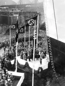 Naming: Dr Robert Ley and Hitler at launch of ship, Hamburg
