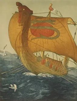 Norsemen: THE DRAGON SHIP. Viking ship at sea. Etching ?