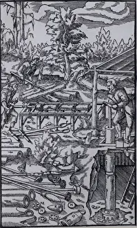 Boring: Mine drainage. (Basle, 1556). Woodcut
