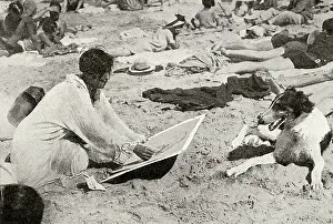 Borzoi: Drawing a borzoi on the beach at Biarritz