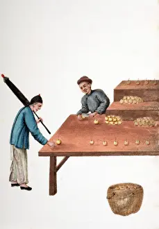 Harry Price: Drawing of Chinese market traders arranging fruit