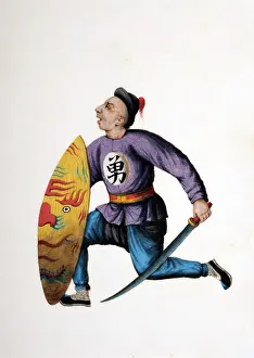 Drawing of Chinese soldier with sword and shield