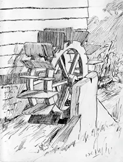 Waterwheels: Drawing by Harold Auerbach, waterwheel and stream