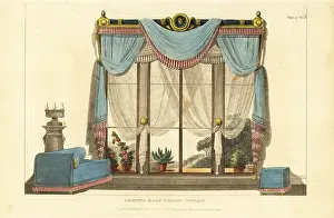 Regency Era: Drawing room window curtain, Grecian sofa and stool, 1812