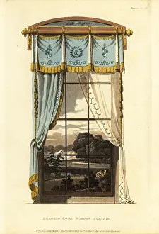 Regency Era: Drawing room window curtain in shot silk, 1815