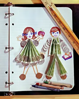 Crayons: Drawing of School Boy Girl in Notebook with Clothes
