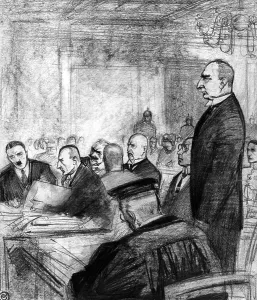 Ruling: Drawing showing the Hitler trial in Munich, 1924