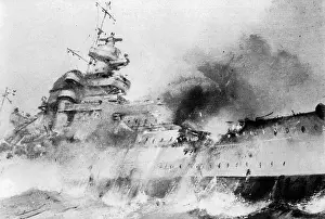 Sinks: Drawing of the sinking battleship Bismarck