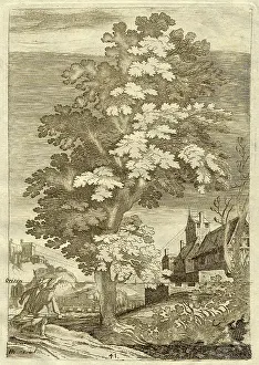 1751: Drawing of tree and two men with buildings on hills