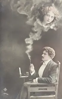 Photomontage: Dreaming man with cigarette