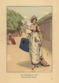 Boutiques: Dress maker strolling in the Tuileries, 1802