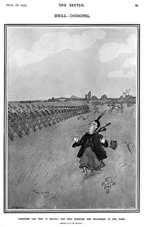 Trampled: Drill-dodging: The new exercise, H.M. Bateman cartoon, WW1