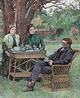 Relax: Drinking coffee in the garden. Colored engraving, 1876