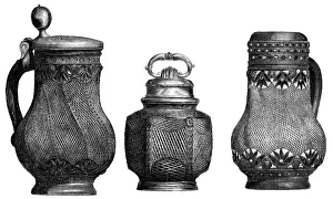 No People: Drinking vessels, dishes, cutlery, jug with lids and handles