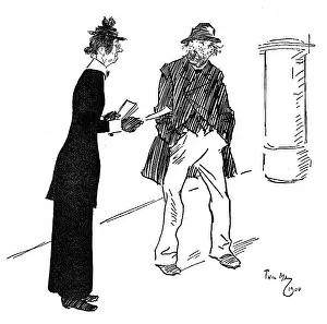 Tract: Drunk writer refuses tract from a benevolent lady - Irony