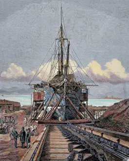 Masts: The dry dock. Barcelona. Engraving by Manchon