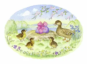 Primroses: Duck and ducklings with Easter egg