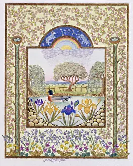 Nests: Duck on a pond with irises and willow trees