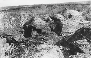 Dugouts: Dugouts cut into a hillside, WW1