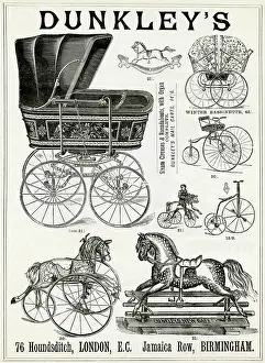 Victoriana: Dunkley's prams and nursery toys advertisement, 1888