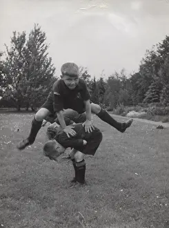 Leapfrog: Dutch boy scouts playing leapfrog, Holland